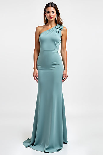 Blue Sheath Floral One Shoulder Long Bridesmaid Dress