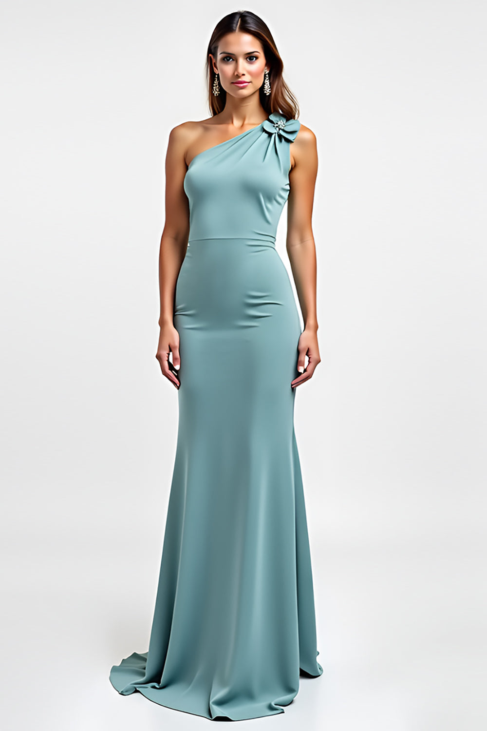 Blue Sheath Floral One Shoulder Long Bridesmaid Dress