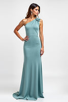 Load image into Gallery viewer, Blue Sheath Floral One Shoulder Long Bridesmaid Dress