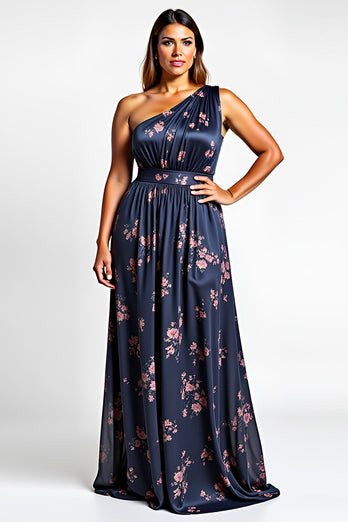 One Shoulder Navy Flower Long Bridesmaid Dress with Slit
