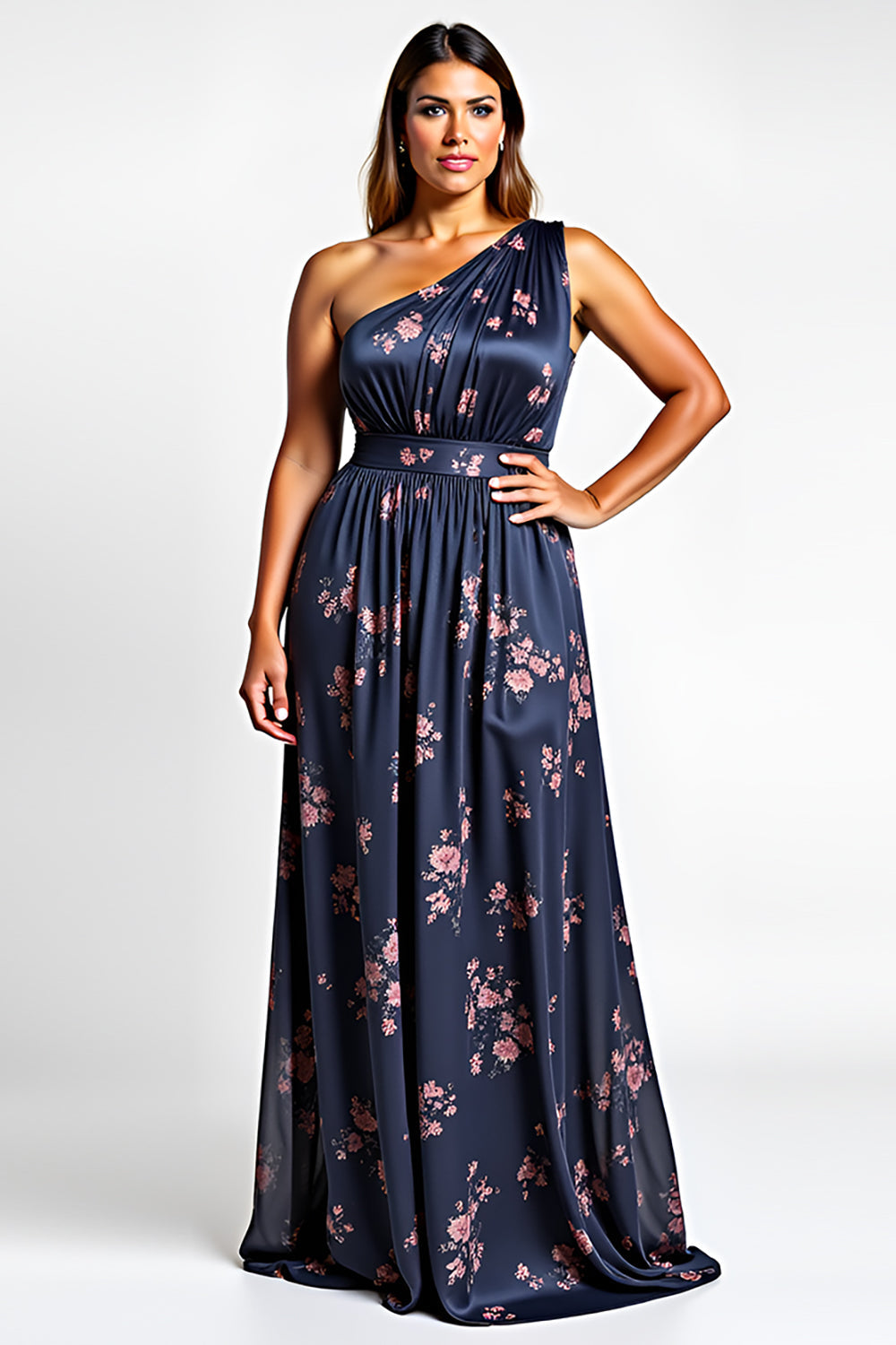 One Shoulder Navy Flower Long Bridesmaid Dress with Slit