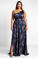 Load image into Gallery viewer, One Shoulder Navy Flower Long Bridesmaid Dress with Slit