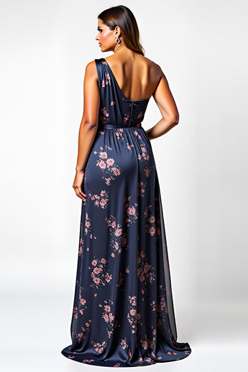 One Shoulder Navy Flower Long Bridesmaid Dress with Slit
