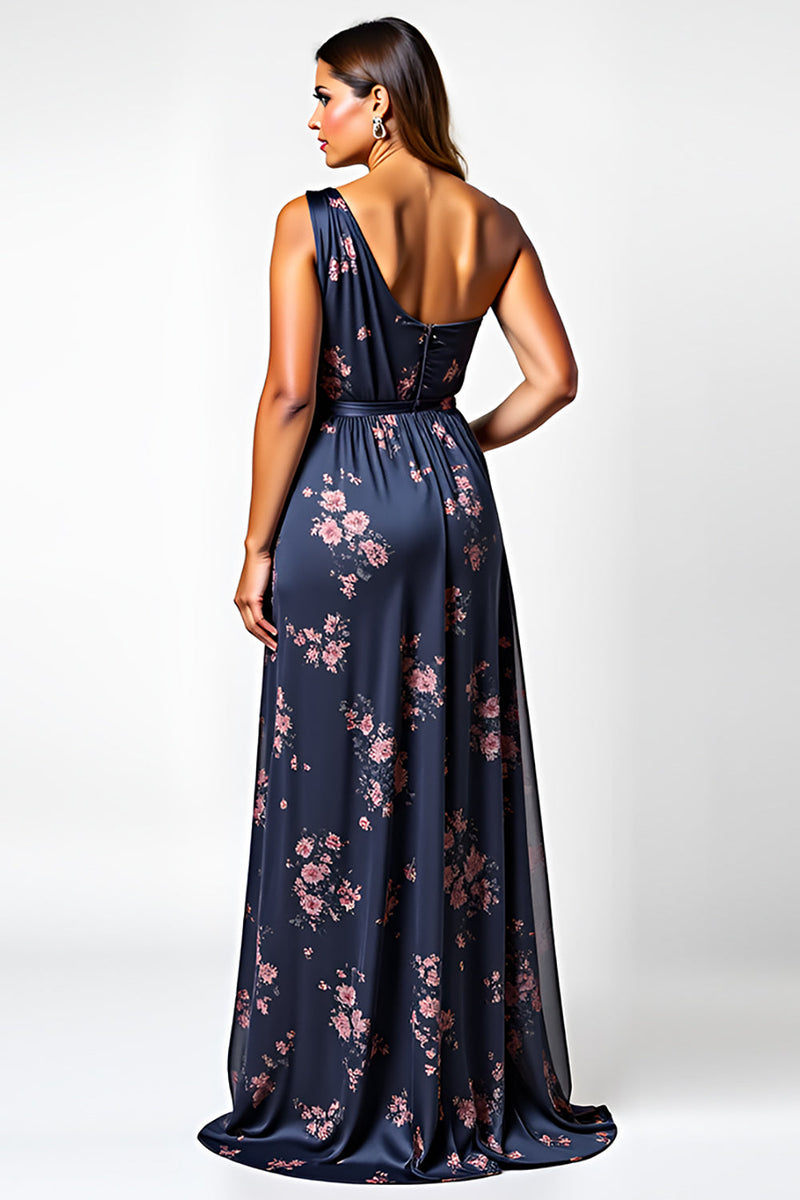 Load image into Gallery viewer, One Shoulder Navy Flower Long Bridesmaid Dress with Slit