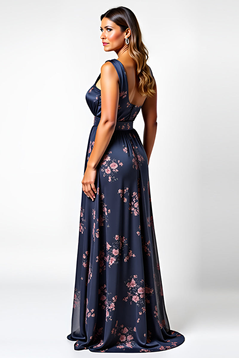 Load image into Gallery viewer, One Shoulder Navy Flower Long Bridesmaid Dress with Slit