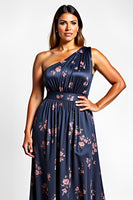 Load image into Gallery viewer, One Shoulder Navy Flower Long Bridesmaid Dress with Slit