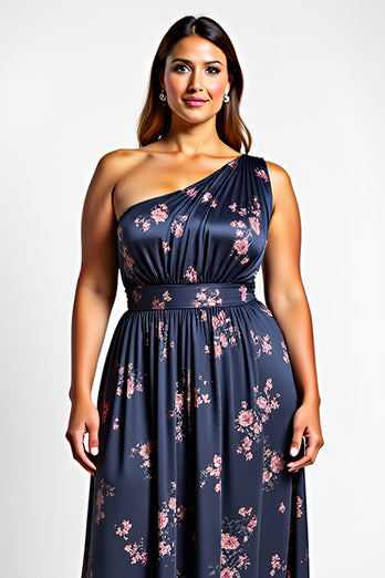One Shoulder Navy Flower Long Bridesmaid Dress with Slit