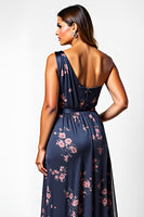 Load image into Gallery viewer, One Shoulder Navy Flower Long Bridesmaid Dress with Slit