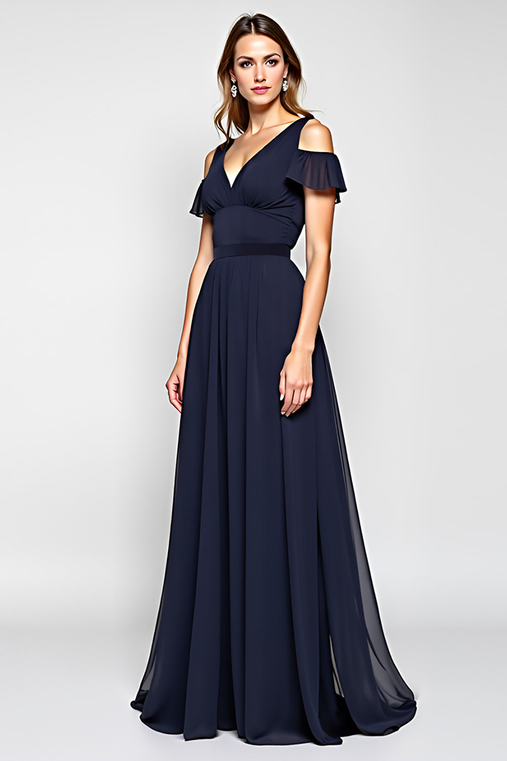 A Line Navy Cold Shoulder Long Bridesmaid Dress