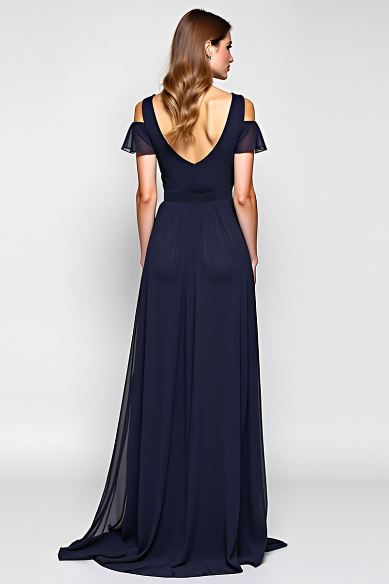 Load image into Gallery viewer, A Line Navy Cold Shoulder Long Bridesmaid Dress