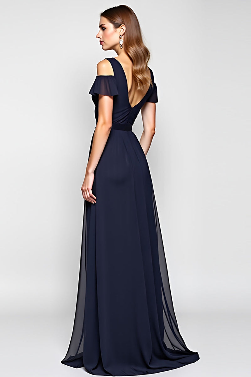 Load image into Gallery viewer, A Line Navy Cold Shoulder Long Bridesmaid Dress