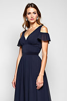 Load image into Gallery viewer, A Line Navy Cold Shoulder Long Bridesmaid Dress