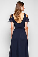 Load image into Gallery viewer, A Line Navy Cold Shoulder Long Bridesmaid Dress
