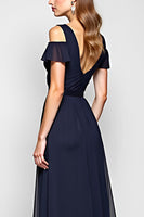 Load image into Gallery viewer, A Line Navy Cold Shoulder Long Bridesmaid Dress