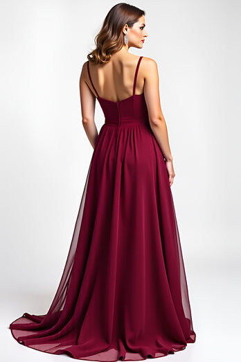 Burgundy Spaghetti Straps Chiffon Long Bridesmaid Dress