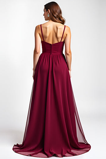 Burgundy Spaghetti Straps Chiffon Long Bridesmaid Dress