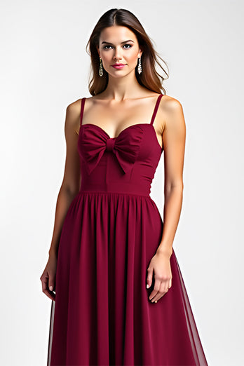 Burgundy Spaghetti Straps Chiffon Long Bridesmaid Dress