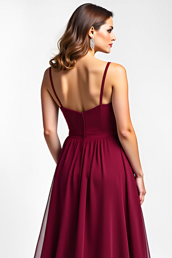Burgundy Spaghetti Straps Chiffon Long Bridesmaid Dress