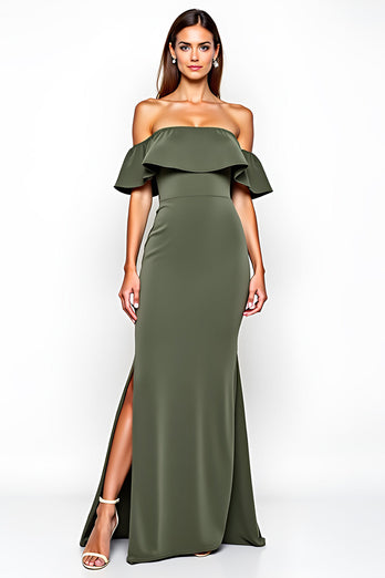 Olive Off the Shoulder Sheath Long Bridesmaid Dress with Slit
