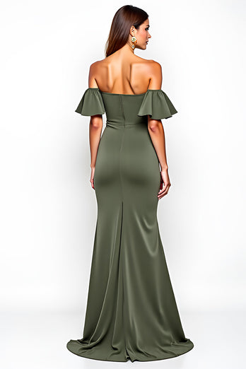 Olive Off the Shoulder Sheath Long Bridesmaid Dress with Slit