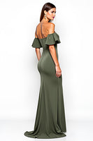 Load image into Gallery viewer, Olive Off the Shoulder Sheath Long Bridesmaid Dress with Slit