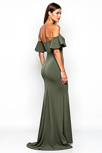 Olive Off the Shoulder Sheath Long Bridesmaid Dress with Slit