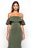 Load image into Gallery viewer, Olive Off the Shoulder Sheath Long Bridesmaid Dress with Slit