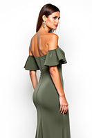 Load image into Gallery viewer, Olive Off the Shoulder Sheath Long Bridesmaid Dress with Slit