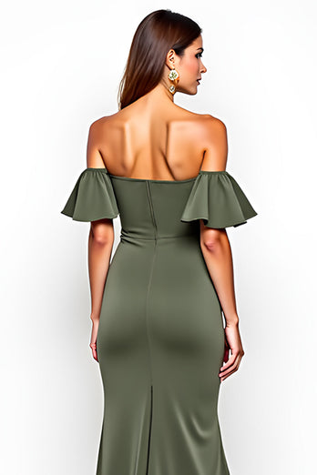 Olive Off the Shoulder Sheath Long Bridesmaid Dress with Slit