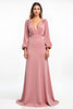 Load image into Gallery viewer, Dusty Rose Deep V-Neck Bridesmaid Dress with Long Sleeves