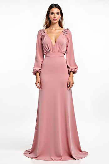 Dusty Rose Deep V-Neck Bridesmaid Dress with Long Sleeves