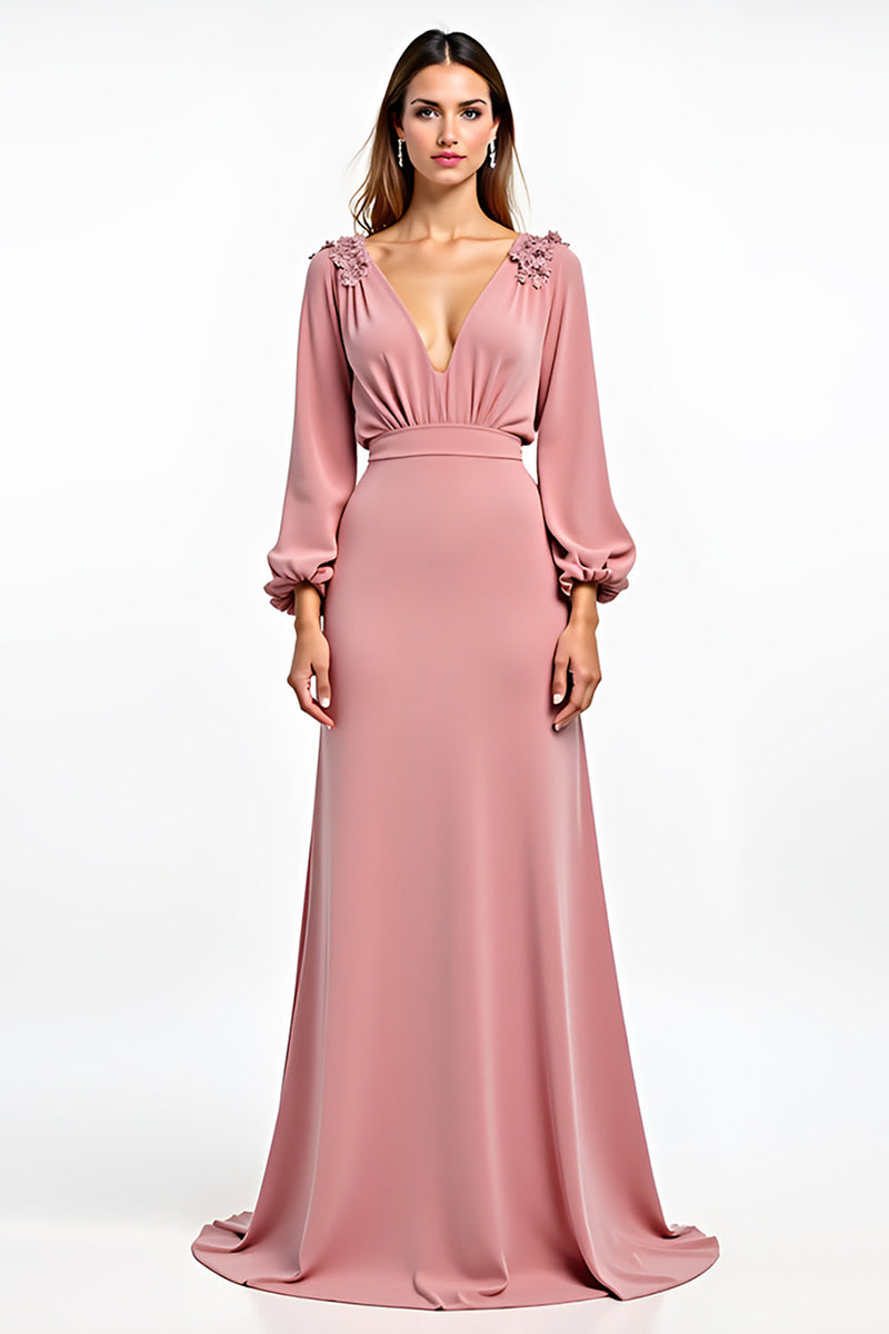 Load image into Gallery viewer, Dusty Rose Deep V-Neck Bridesmaid Dress with Long Sleeves