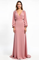 Load image into Gallery viewer, Dusty Rose Deep V-Neck Bridesmaid Dress with Long Sleeves