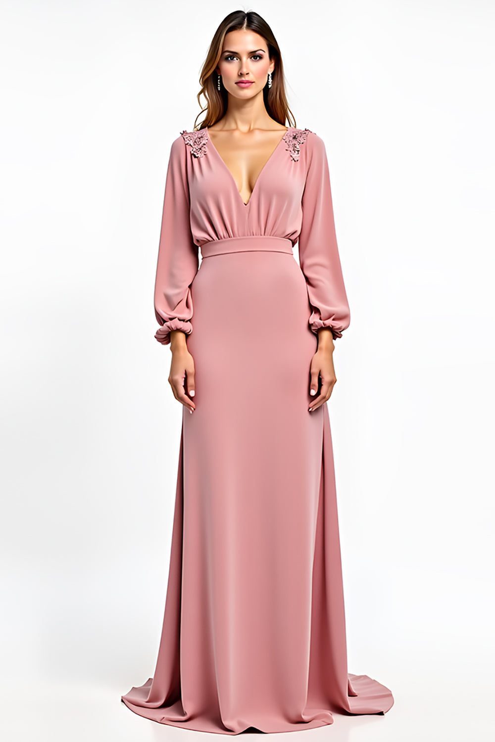 Dusty Rose Deep V-Neck Bridesmaid Dress with Long Sleeves