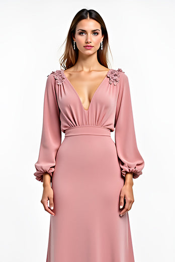 Dusty Rose Deep V-Neck Bridesmaid Dress with Long Sleeves