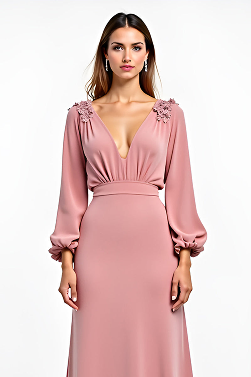 Load image into Gallery viewer, Dusty Rose Deep V-Neck Bridesmaid Dress with Long Sleeves