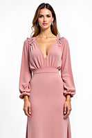 Load image into Gallery viewer, Dusty Rose Deep V-Neck Bridesmaid Dress with Long Sleeves