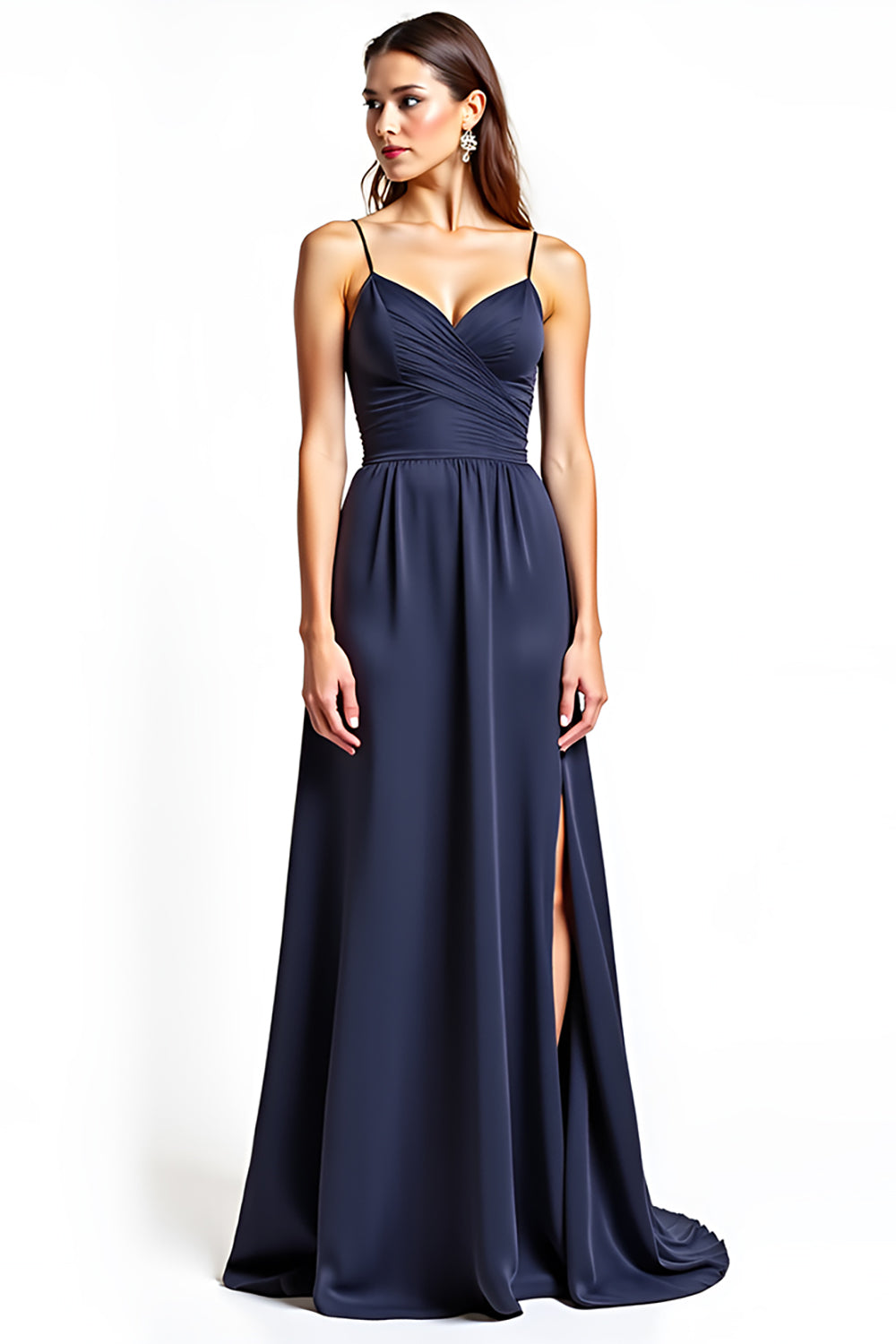 Spaghetti Straps Navy A Line Long Bridesmaid Dress with Slit