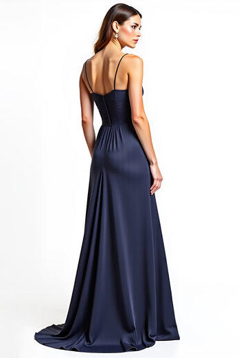 Spaghetti Straps Navy A Line Long Bridesmaid Dress with Slit