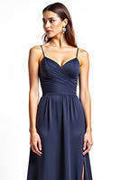 Load image into Gallery viewer, Spaghetti Straps Navy A Line Long Bridesmaid Dress with Slit
