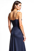 Load image into Gallery viewer, Spaghetti Straps Navy A Line Long Bridesmaid Dress with Slit