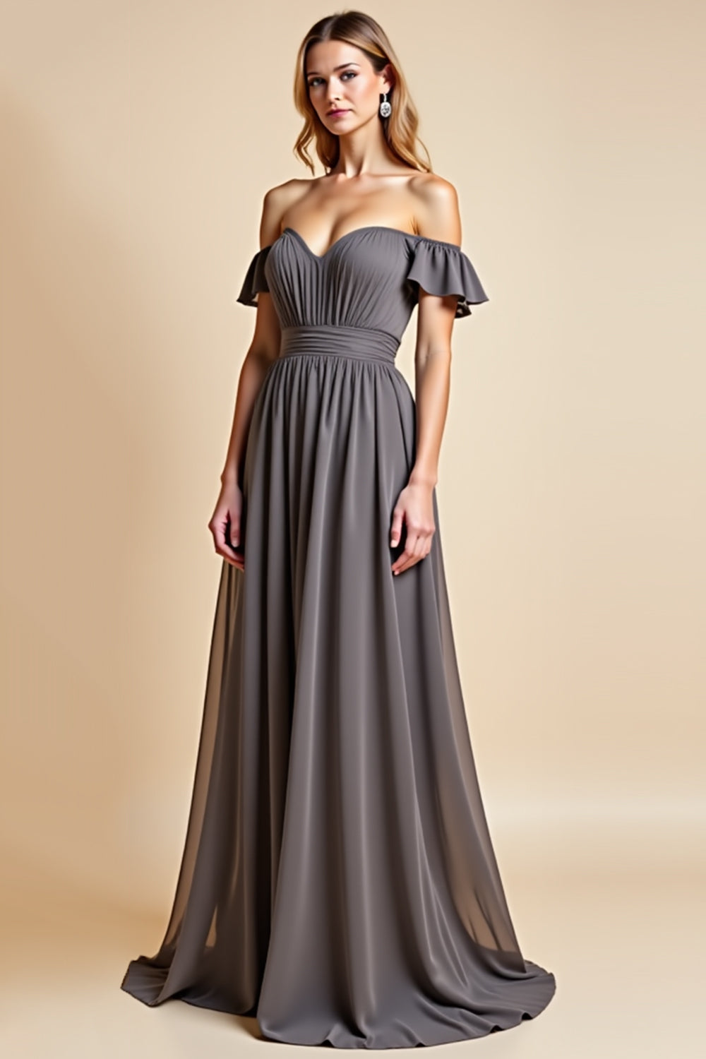 Steel Grey Chiffon A Line Backless Long Bridesmaid Dress