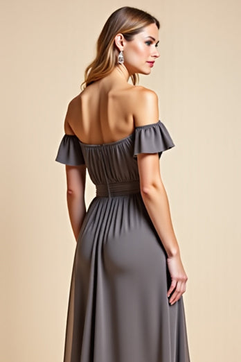 Steel Grey Chiffon A Line Backless Long Bridesmaid Dress