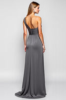 Load image into Gallery viewer, One Shoulder Steel Grey Sheath Long Bridesmaid Dress