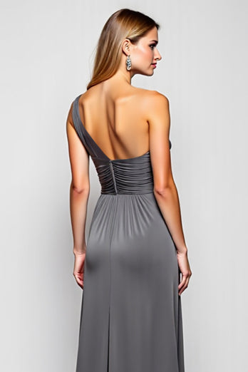 One Shoulder Steel Grey Sheath Long Bridesmaid Dress
