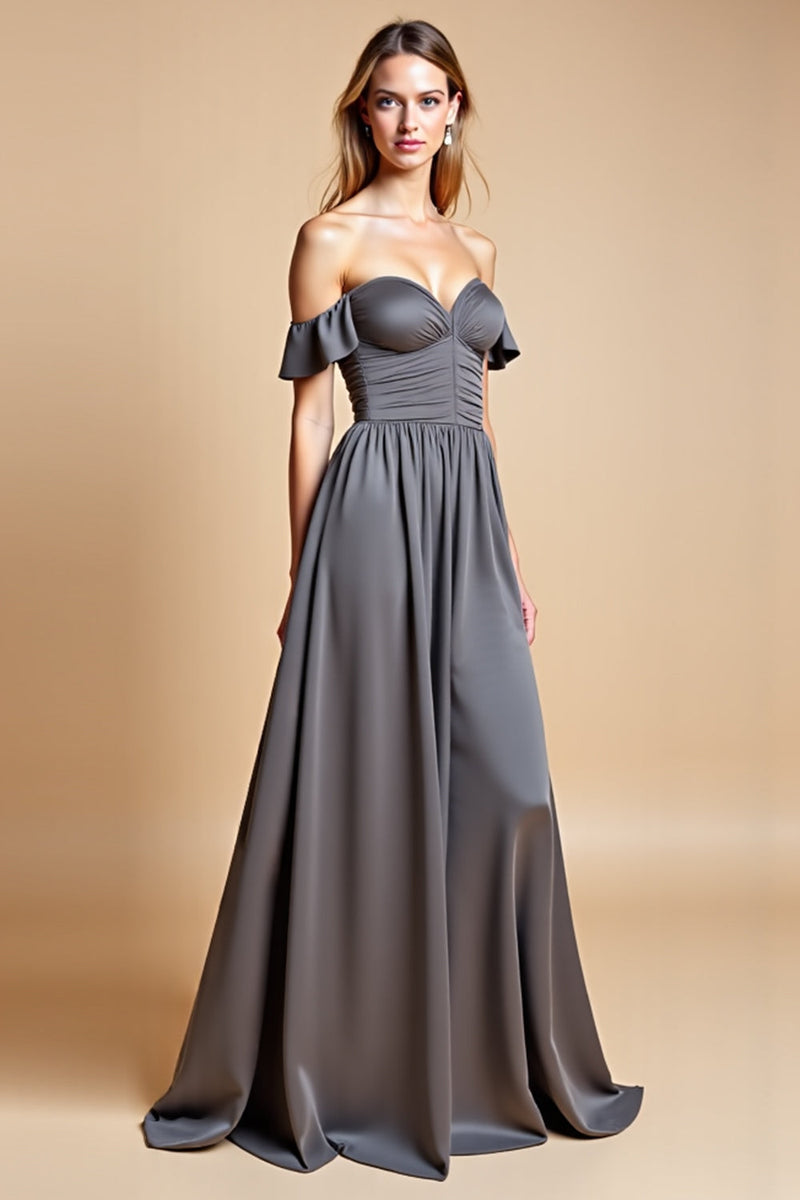 Load image into Gallery viewer, Steel Grey Sweetheart A Line Long Bridesmaid Dress