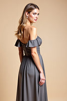 Load image into Gallery viewer, Steel Grey Sweetheart A Line Long Bridesmaid Dress