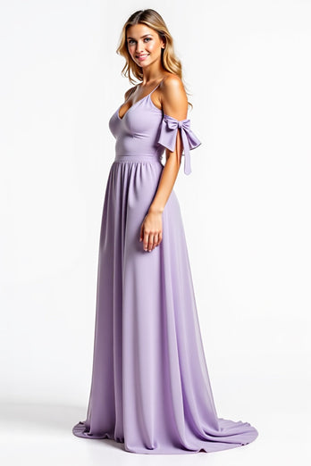 A Line Lilac V-Neck Long Bridesmaid Dress with Pockets