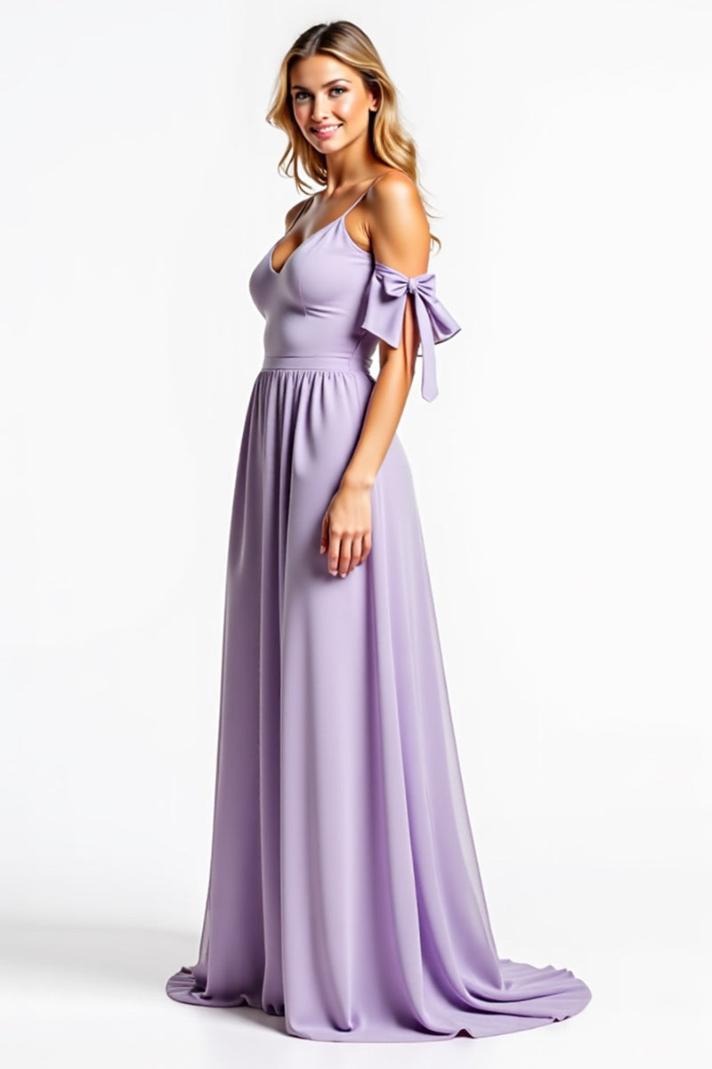Load image into Gallery viewer, A Line Lilac V-Neck Long Bridesmaid Dress with Pockets