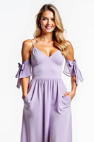 Load image into Gallery viewer, A Line Lilac V-Neck Long Bridesmaid Dress with Pockets